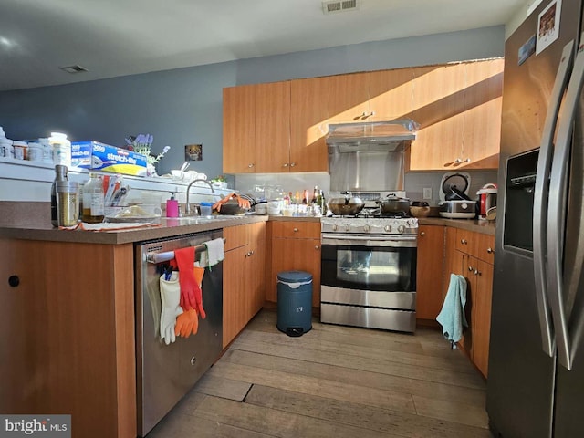 kitchen with exhaust hood, sink, light wood-type flooring, appliances with stainless steel finishes, and tasteful backsplash