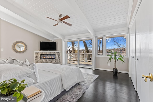 bedroom with lofted ceiling with beams, dark wood-type flooring, access to exterior, and ceiling fan