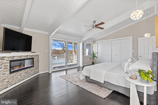 bedroom featuring dark wood-type flooring, lofted ceiling with beams, access to outside, a closet, and ceiling fan