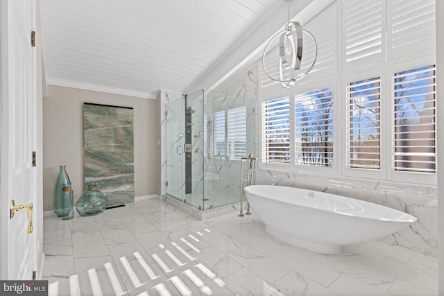 bathroom featuring independent shower and bath and crown molding