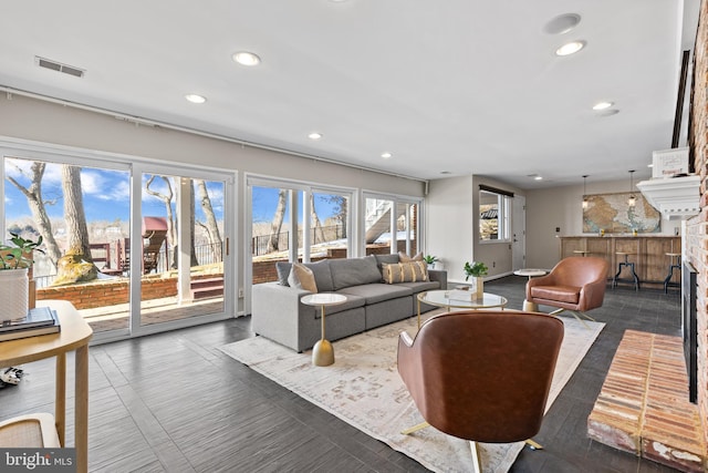 living room with a fireplace