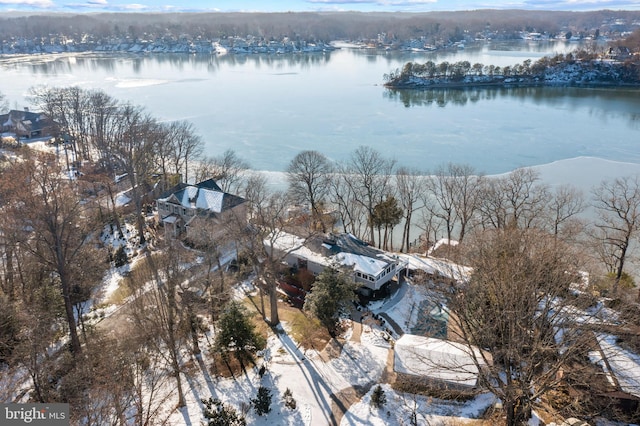 aerial view featuring a water view