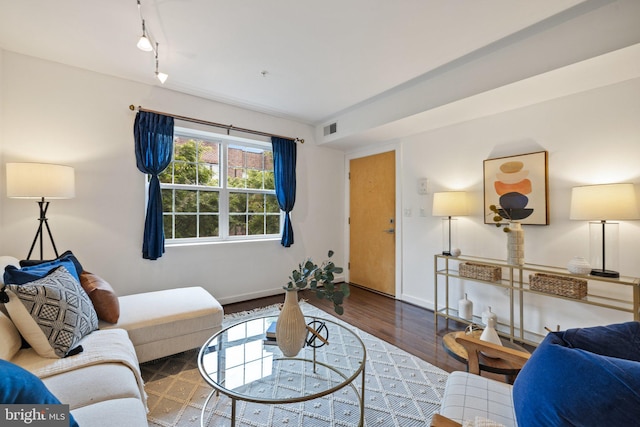 living room featuring wood-type flooring and rail lighting