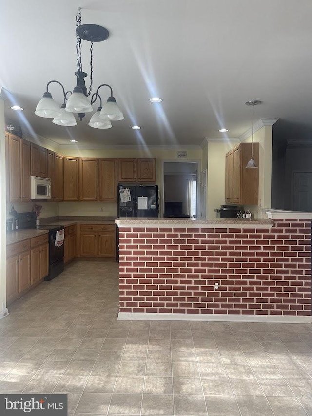 kitchen with kitchen peninsula, pendant lighting, a notable chandelier, and black appliances