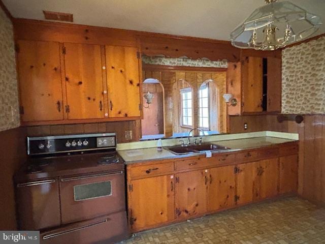 kitchen with wooden walls, sink, and black range with electric cooktop