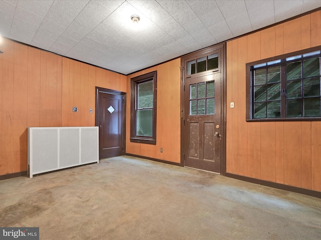 carpeted empty room featuring wood walls