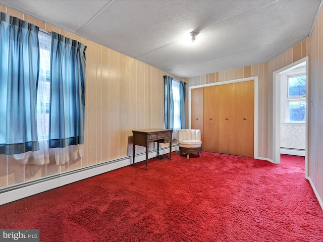 unfurnished room with carpet flooring, a wealth of natural light, and baseboard heating