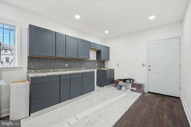 2808 Germantown Ave, Philadelphia, PA 19133 - kitchen with decorative backsplash, wood finished floors, recessed lighting, gray cabinets, and light countertops
