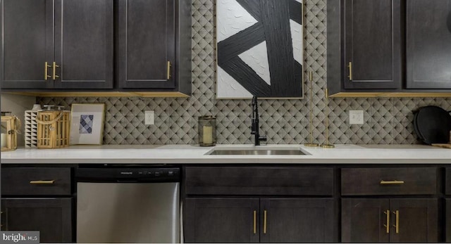 kitchen with dishwasher, decorative backsplash, dark brown cabinets, and sink