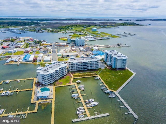 drone / aerial view featuring a water view