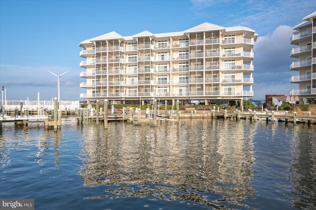 water view featuring a dock