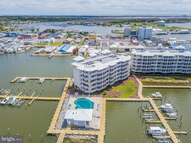 drone / aerial view featuring a water view