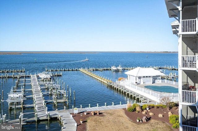 view of water feature with a boat dock