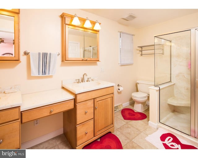 bathroom with tile patterned floors, vanity, toilet, and an enclosed shower