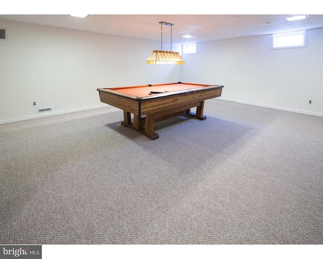 recreation room with a drop ceiling, pool table, and carpet floors