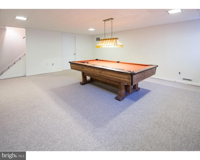 rec room with billiards and carpet