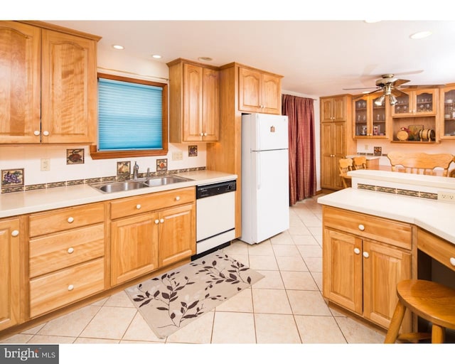 kitchen with ceiling fan, sink, light tile patterned floors, and white appliances