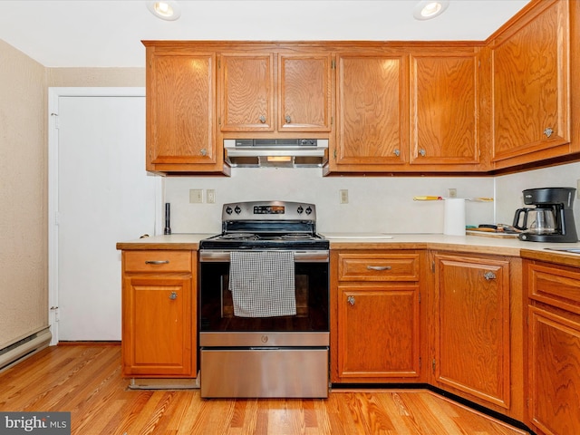 kitchen featuring light hardwood / wood-style flooring, stainless steel range with electric stovetop, and ventilation hood