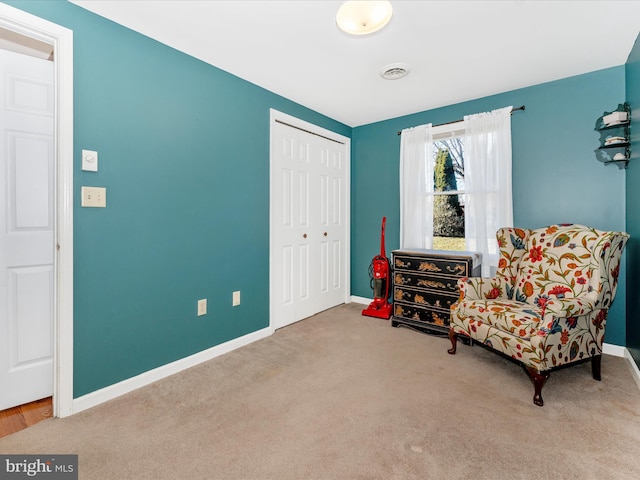 sitting room featuring carpet flooring