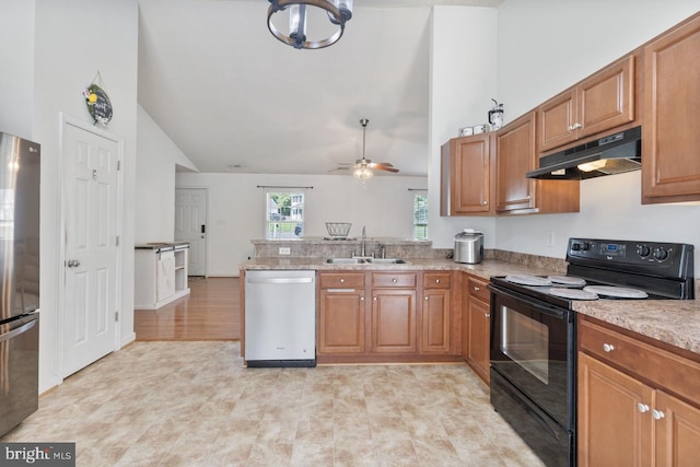 kitchen with lofted ceiling, ceiling fan with notable chandelier, sink, light wood-type flooring, and appliances with stainless steel finishes