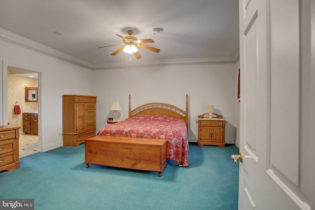 bedroom with carpet flooring, ensuite bath, ceiling fan, and ornamental molding