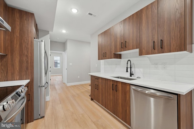 kitchen with light wood-type flooring, stainless steel appliances, backsplash, and sink