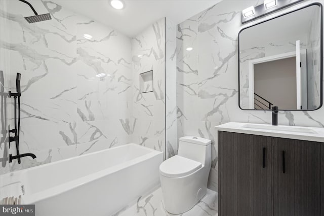 full bathroom with vanity, toilet, tile walls, and tiled shower / bath combo