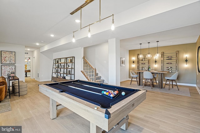 playroom with pool table and light wood-type flooring