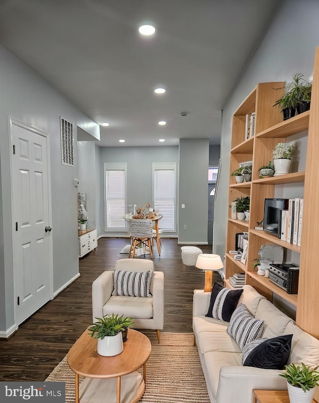 living room with dark wood-type flooring