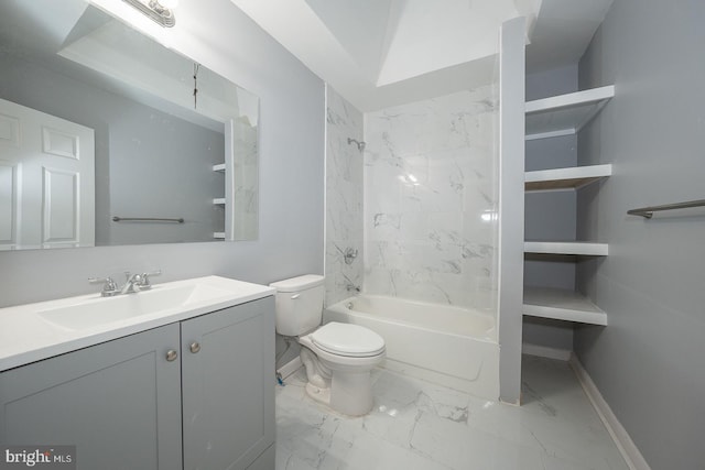 full bathroom with tiled shower / bath combo, toilet, and vanity