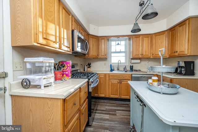 kitchen featuring pendant lighting, dark hardwood / wood-style flooring, sink, and stainless steel appliances