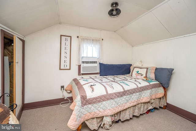 carpeted bedroom with cooling unit and lofted ceiling