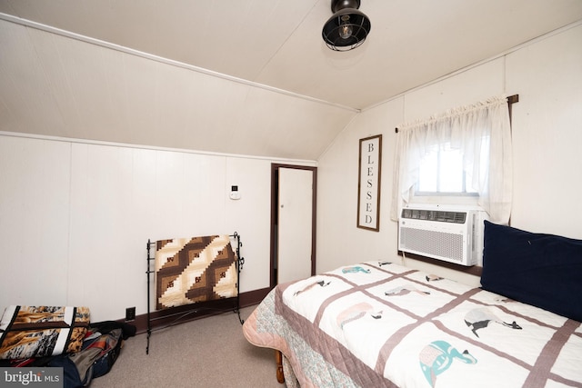 carpeted bedroom with cooling unit and lofted ceiling