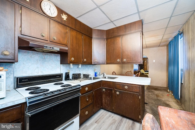 kitchen with a drop ceiling, light hardwood / wood-style flooring, electric range, dark brown cabinets, and kitchen peninsula