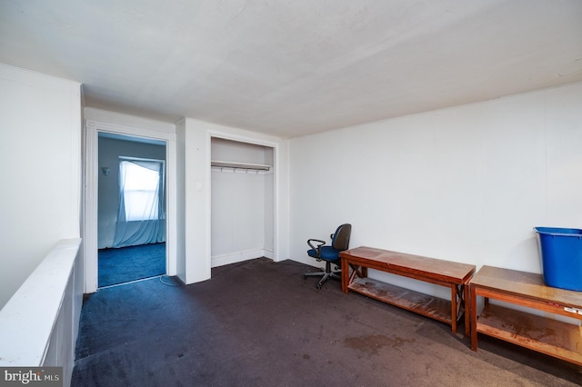 interior space featuring dark colored carpet and a closet