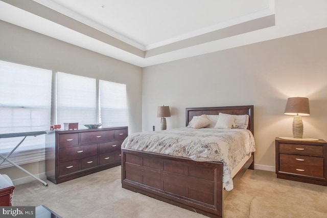 carpeted bedroom featuring a tray ceiling