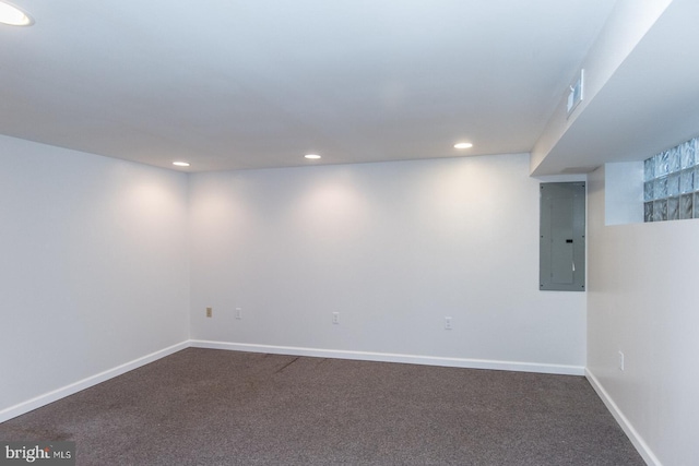 basement featuring carpet flooring and electric panel