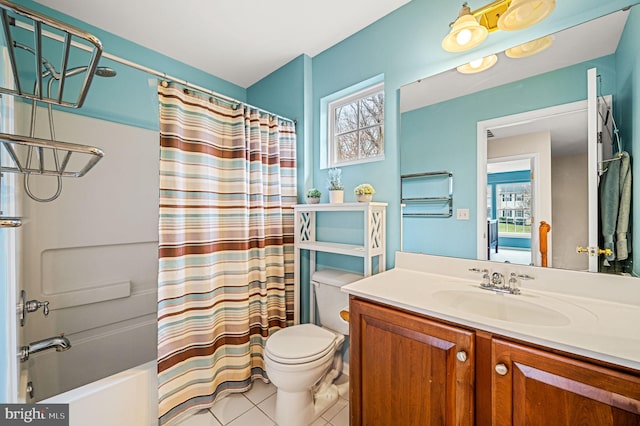 full bathroom with toilet, vanity, tile patterned floors, and shower / bathtub combination with curtain