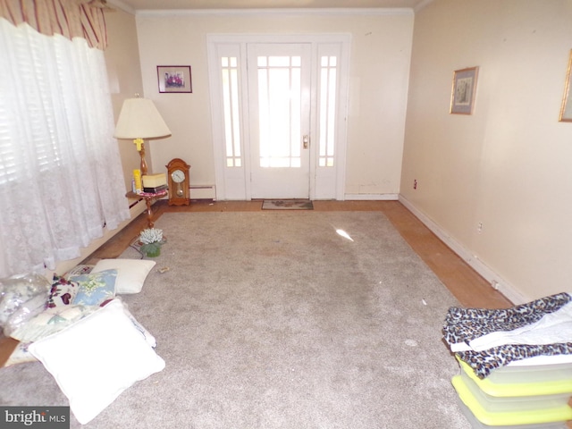 foyer featuring ornamental molding, light carpet, and a baseboard heating unit