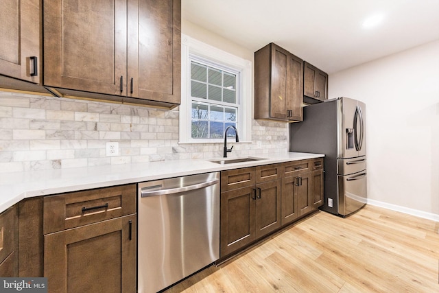 kitchen featuring backsplash, sink, light hardwood / wood-style flooring, dark brown cabinets, and stainless steel appliances