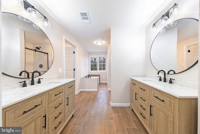 bathroom with hardwood / wood-style floors and vanity