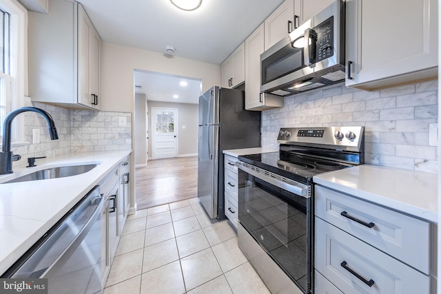 kitchen featuring white cabinetry, sink, stainless steel appliances, decorative backsplash, and light tile patterned floors