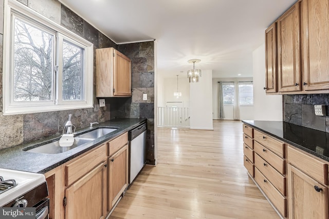 kitchen with dishwasher, plenty of natural light, a notable chandelier, and light wood-type flooring