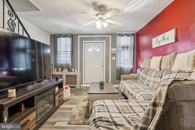 living room with radiator heating unit, light hardwood / wood-style floors, and ceiling fan