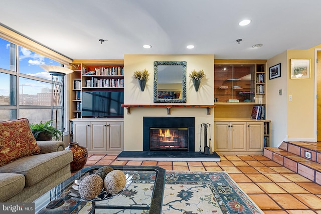 tiled living room with built in features