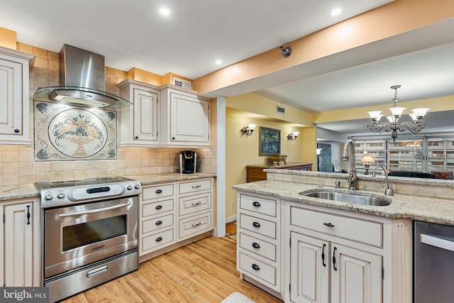 kitchen featuring wall chimney range hood, sink, appliances with stainless steel finishes, tasteful backsplash, and decorative light fixtures