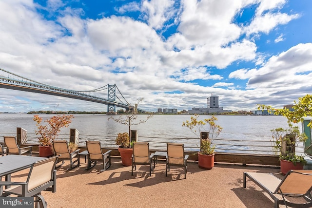 view of patio / terrace featuring a water view