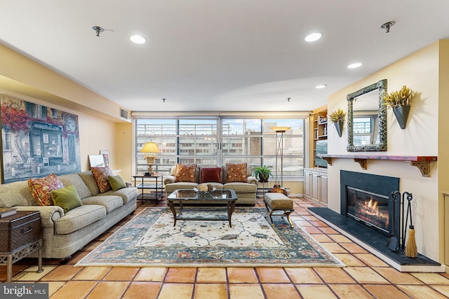 living room featuring tile patterned flooring