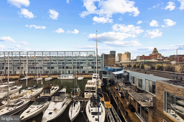 exterior space with a water view