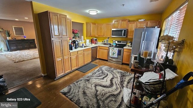 kitchen featuring appliances with stainless steel finishes, dark hardwood / wood-style floors, and sink